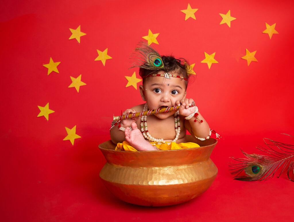 Baby boy in Krishna outfit in Delhi, Janmashtami photoshoot by Vinus Images